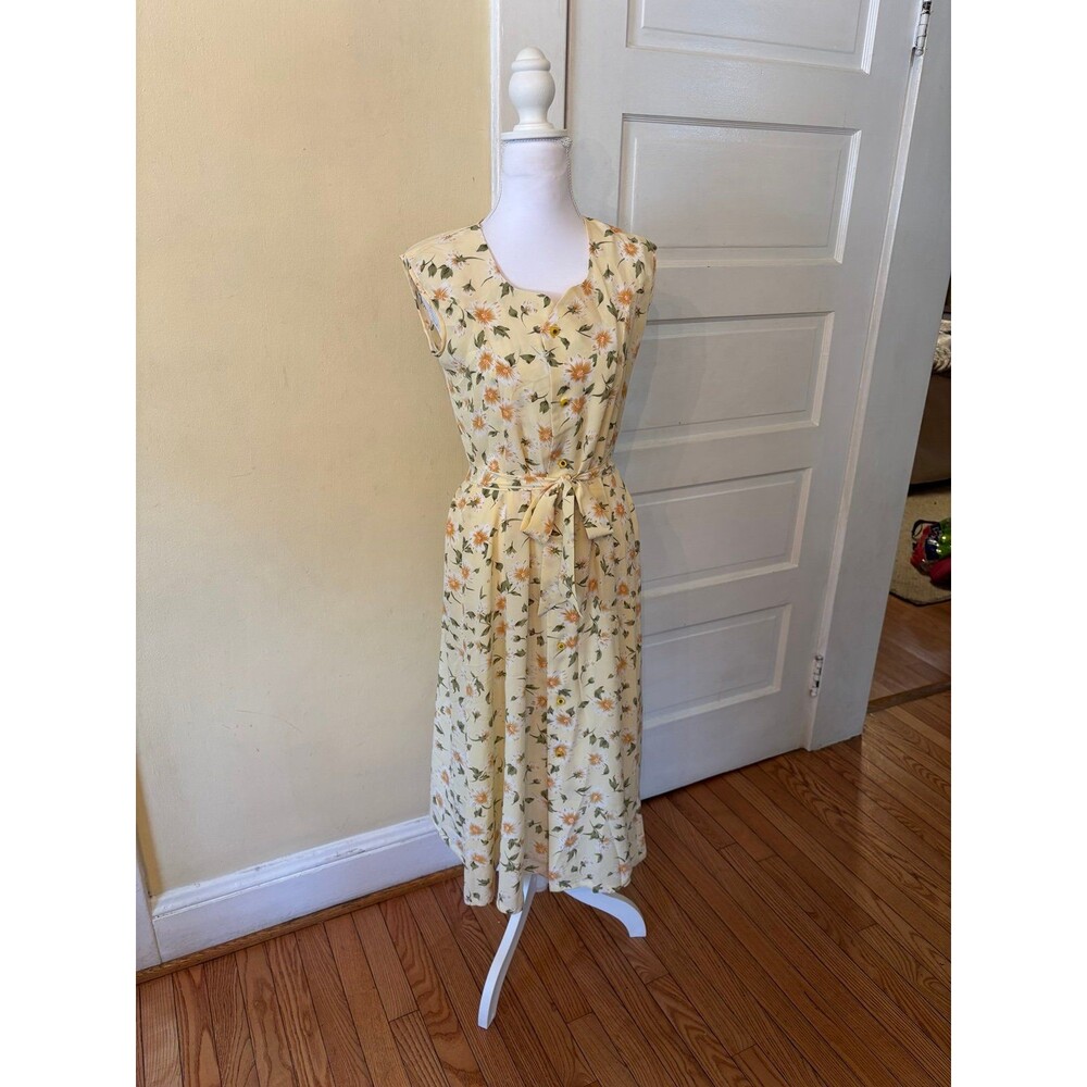 Vintage handmade yellow floral midi dress tie waist prairie cottagecore button